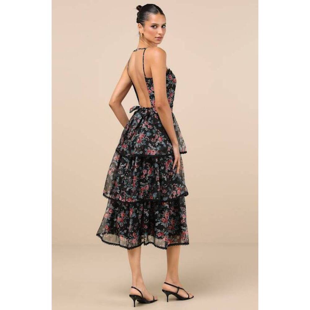 Lulus Kimbra Black Floral Backless Tiered Midi Dress - Size S